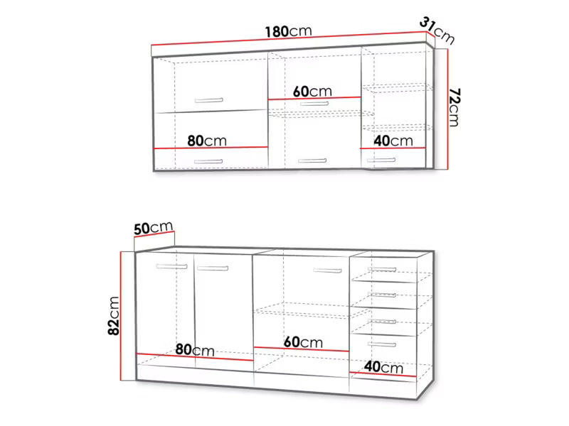 Køkkensæt Multiline III 180 cm Grå / Hvid Højglans