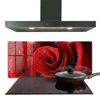 Køkkenstænkplade Glas 125x50 cm Dugdråber på Rose