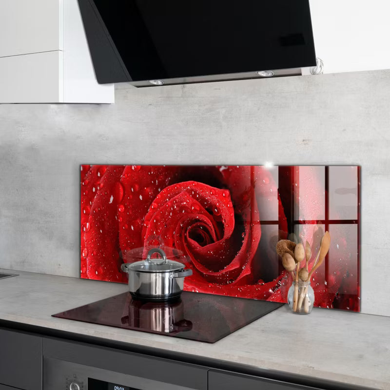 Køkkenstænkplade Glas 125x50 cm Dugdråber på Rose