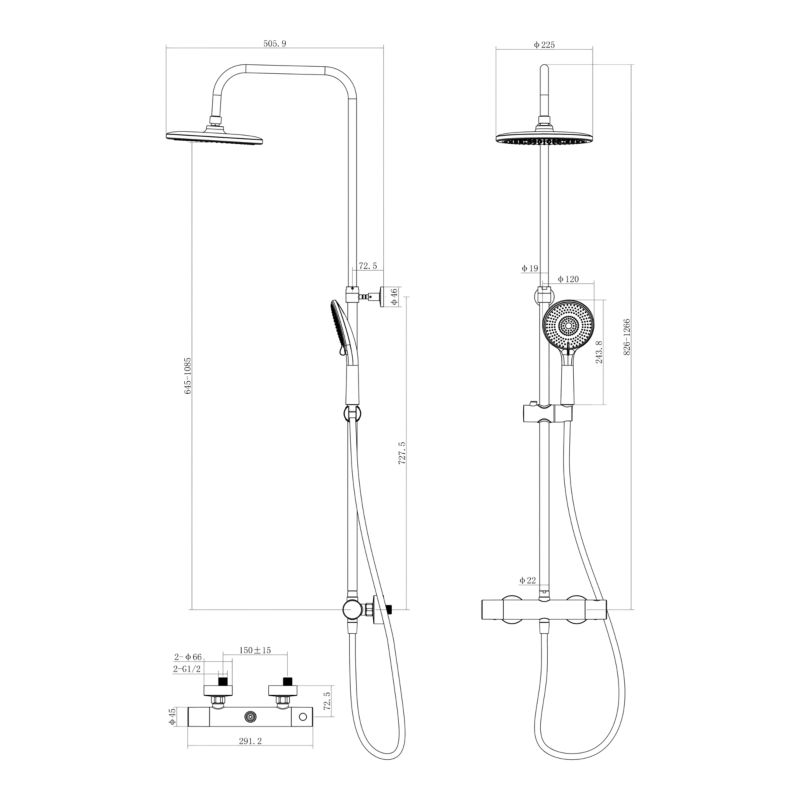 Termostatisk Brusesøjle 23 cm 3-Funktion Krom 128,8 cm