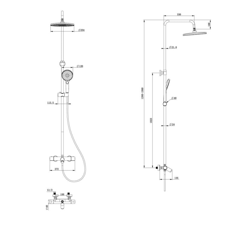 Brusekolonne med Termostatisk Batteri 254 mm Hovedbruser Krom 163 cm
