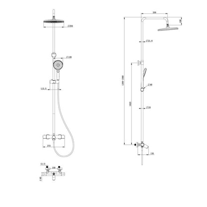 Brusekolonne med Termostatisk Batteri 254 mm Hovedbruser Krom 163 cm