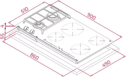 Kombikogeplade Induktion og Gas 90x51 cm Sort Glas