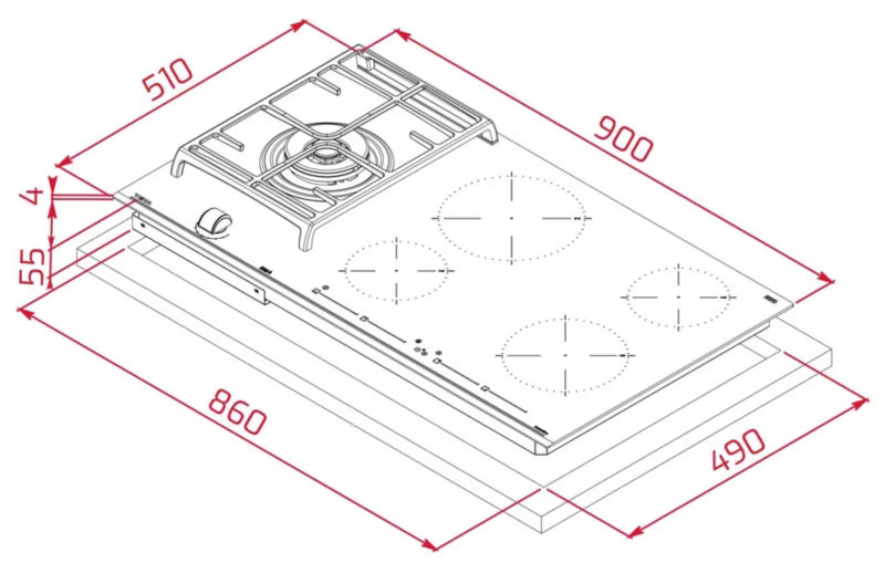 Kombineret Induktions- og Gaskogeplade JZC 95314 ABC BK 90x51 cm Sort