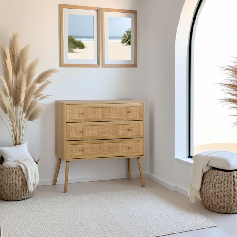 Kommode Ballo 3 Skuffer Rattan og Træ 90x39x79 cm Natur