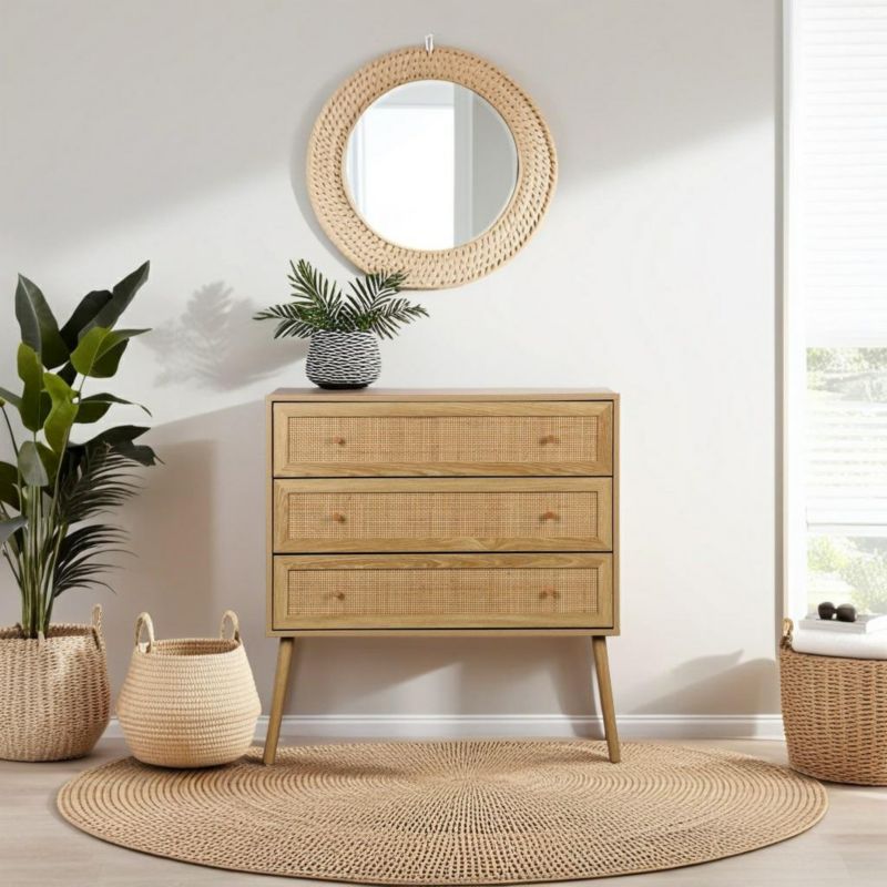 Kommode Ballo 3 Skuffer Rattan og Træ 90x39x79 cm Natur