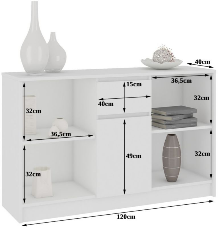 Akord B17 kommode hvid 120 cm 1 dør 1 skuffe mat hvid farve 6 hylder 120x40x77 cm 1 stk.