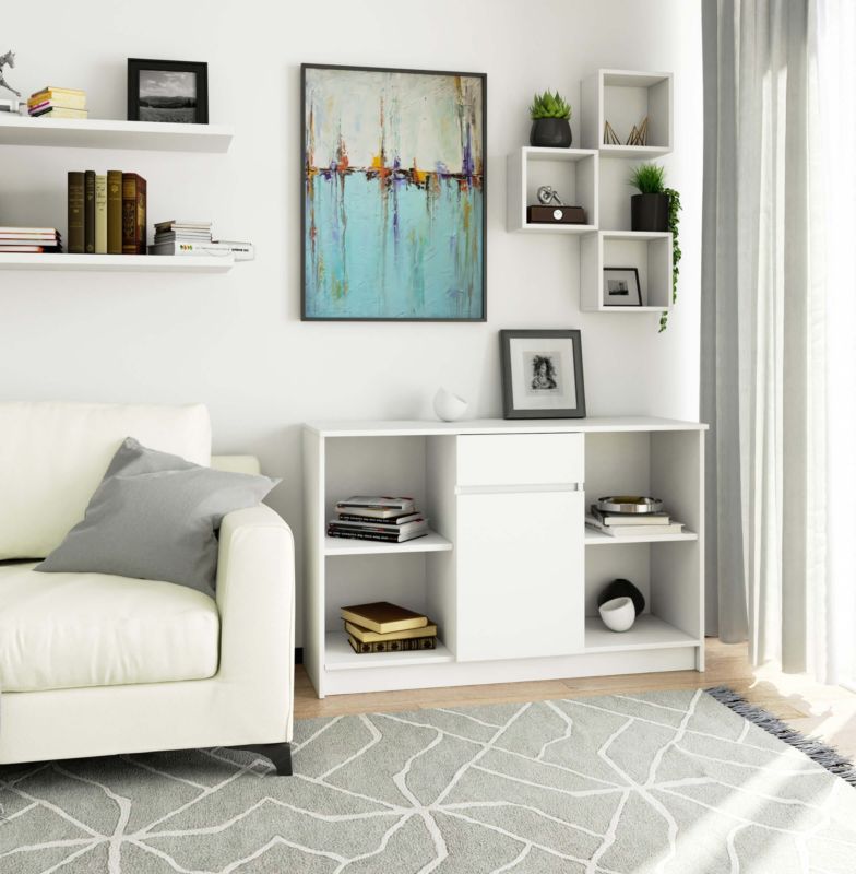 Akord B17 kommode hvid 120 cm 1 dør 1 skuffe mat hvid farve 6 hylder 120x40x77 cm 1 stk.