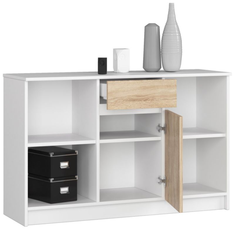 Kommode Akord B17 Hvid 120 cm 1 dør 1 skuffe i mat egefarve Sonoma med 6 hylder 120x40x77 cm 1 stk.