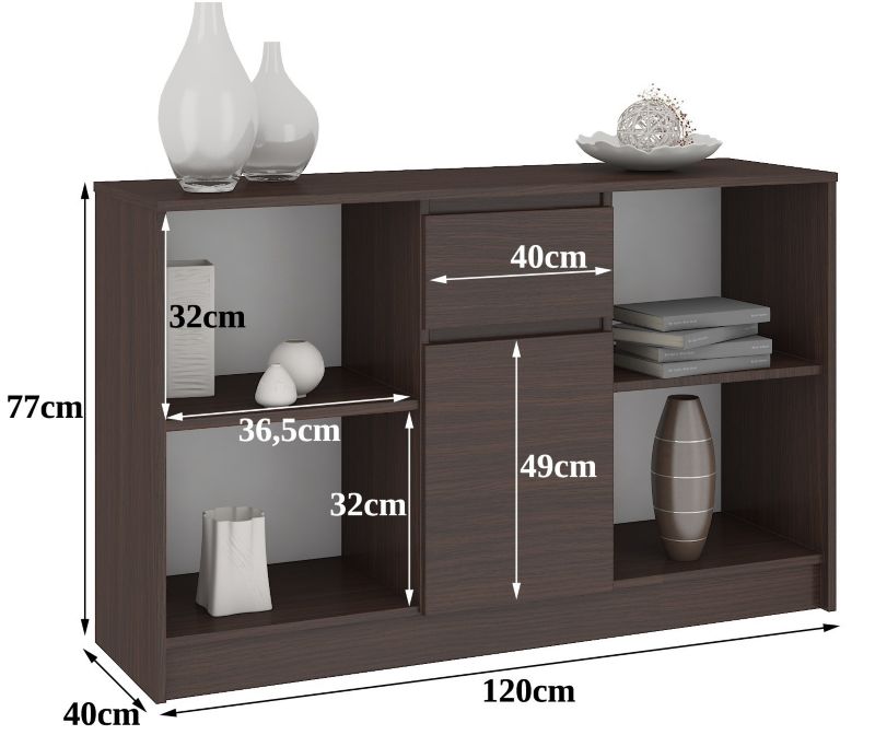 Kommode Akord B17 Wenge 120 cm 1 dør 1 skuffe mat Wenge farve 6 hylder 120x40x77 cm 1 stk.