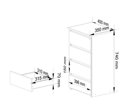 Komoda CL4 40 cm Hvid Mat 4 Skuffer
