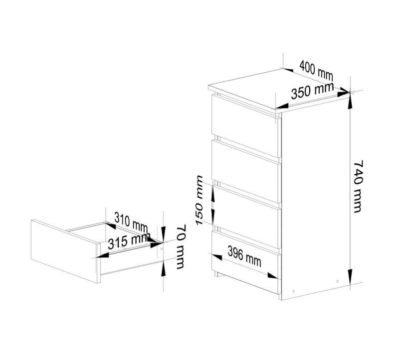 Komoda CL4 Eg Sonoma 40 cm 4 skuffer Hvid Mat 40x35x74 cm
