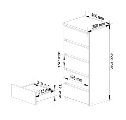 Kommode CL5 40 cm Hvid Mat 5 Skuffer 40x35x92 cm