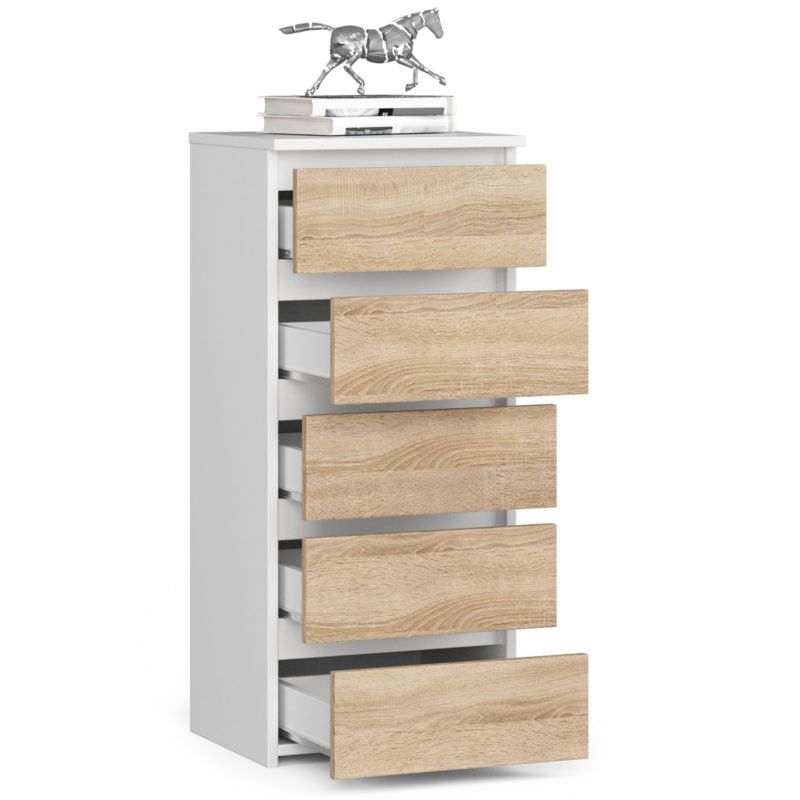 Kommode Akord CL5 hvid 40 cm med 5 skuffer, fronter i mat Sonoma eg, 40x35x92 cm, 1 stk.