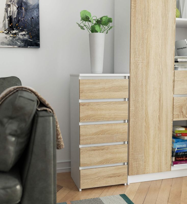 Kommode Akord CL5 hvid 40 cm med 5 skuffer, fronter i mat Sonoma eg, 40x35x92 cm, 1 stk.