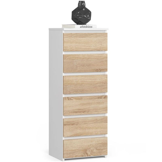 Kommode Akord CL6 hvid 40 cm med 6 skuffer, fronter i mat Sonoma-eg, 40x35x109 cm, 1 stk.