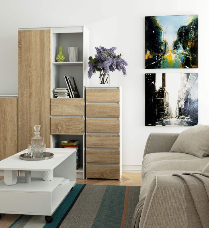 Kommode Akord CL6 hvid 40 cm med 6 skuffer, fronter i mat Sonoma-eg, 40x35x109 cm, 1 stk.