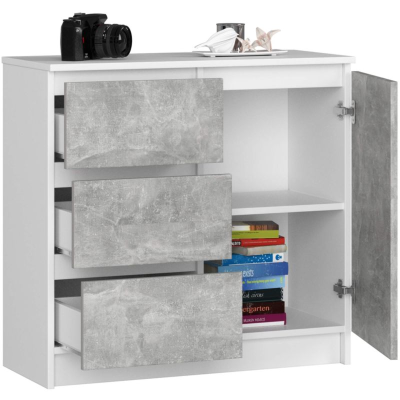 Kommode Akord Jerry hvid 80 cm 1 dør 3 skuffer beton mat farve 2 hylder 80x35x77 cm 1 stk.