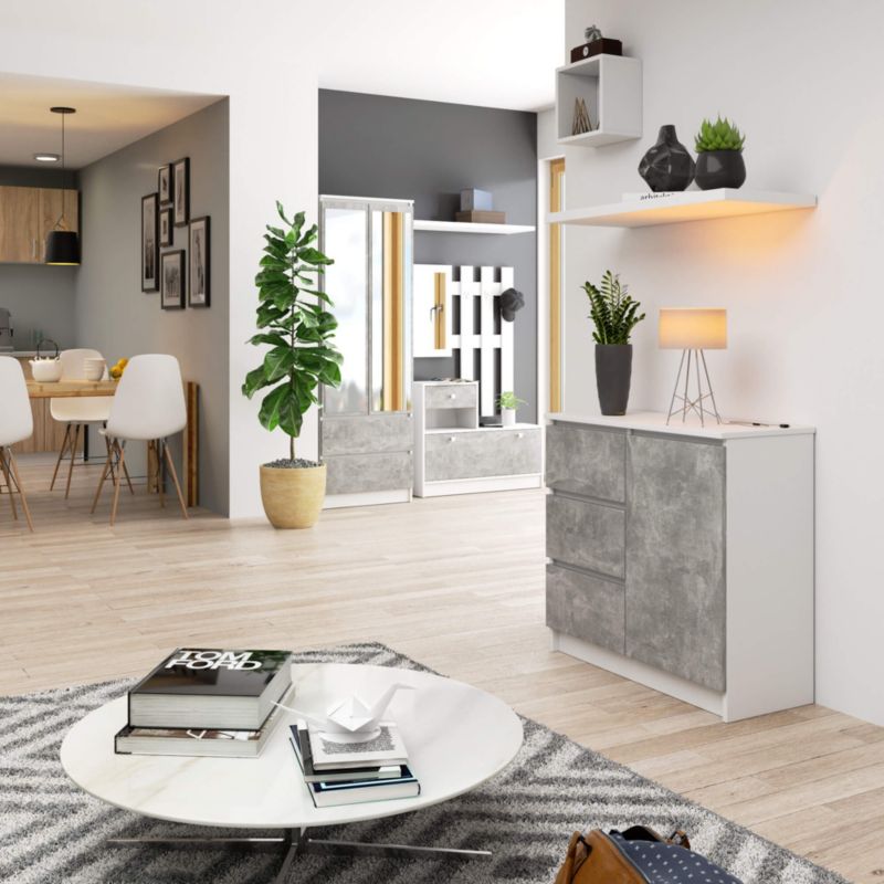 Kommode Akord Jerry hvid 80 cm 1 dør 3 skuffer beton mat farve 2 hylder 80x35x77 cm 1 stk.