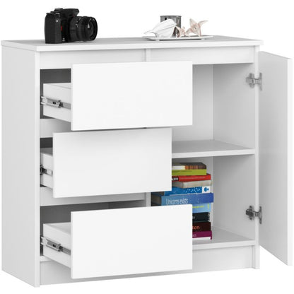 Komoda Jerry 80 cm Hvid Mat 1 Låge 3 Skuffer 2 Hylder