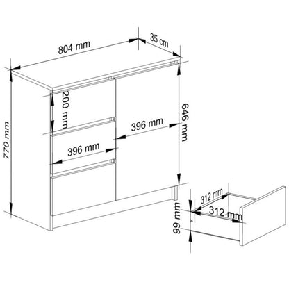 Komoda Jerry 80 cm Hvid Mat 1 Låge 3 Skuffer 2 Hylder