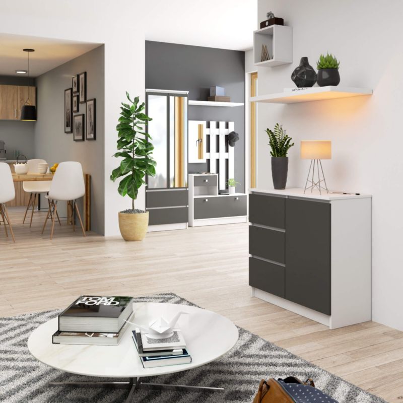 Akord Jerry kommode hvid 80 cm 1 dør 3 skuffer grafitgrå mat 2 hylder 80x35x77 cm 1 stk.