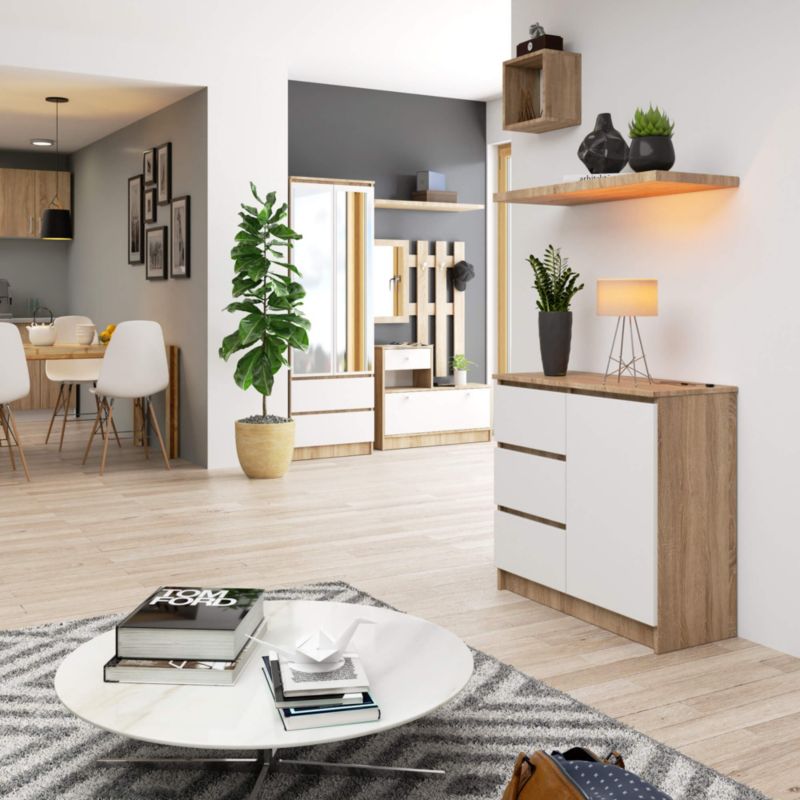 Kommode Akord Jerry Eg Sonoma 80 cm 1 dør 3 skuffer hvid mat 2 hylder 80x35x77 cm 1 stk.