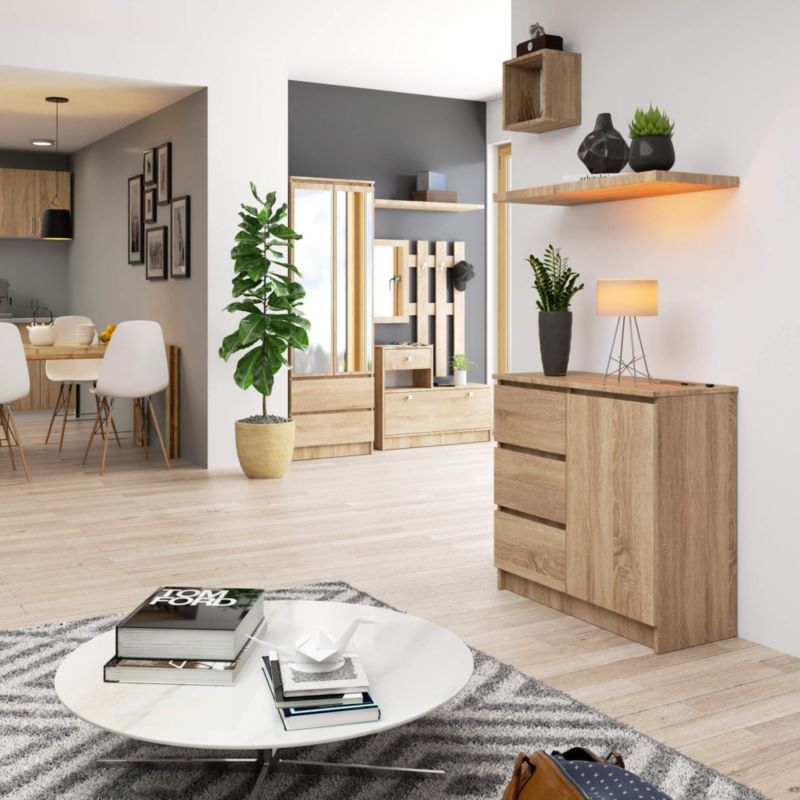 Kommode Akord Jerry Eg Sonoma 80 cm 1 dør 3 skuffer farve Eg Sonoma mat 2 hylder 80x35x77 cm 1 stk.