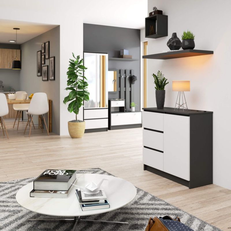 Kommode Akord Jerry Grafitgrå 80 cm 1 dør 3 skuffer hvid mat 2 hylder 80x35x77 cm 1 stk.