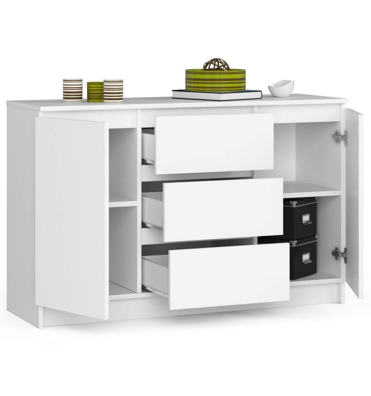 Kommode Akord K016 Hvid 120 cm 2 døre 3 skuffer mat hvid farve 4 hylder 120x40x77 cm 1 stk.
