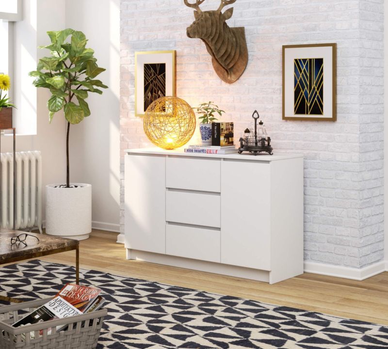 Kommode Akord K016 Hvid 120 cm 2 døre 3 skuffer mat hvid farve 4 hylder 120x40x77 cm 1 stk.