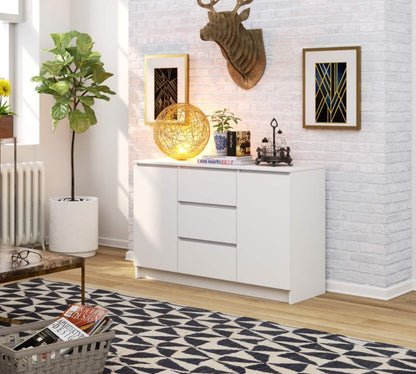 Kommode Akord K016 Hvid 120 cm 2 døre 3 skuffer mat hvid farve 4 hylder 120x40x77 cm 1 stk.