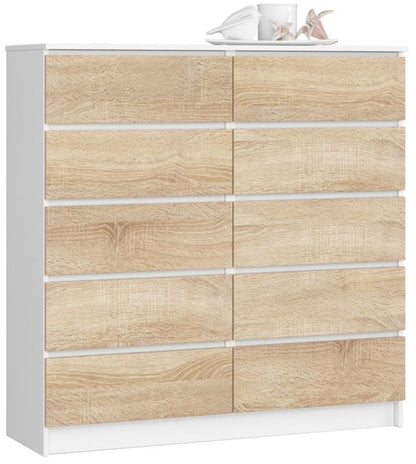 Akord K120 kommode hvid 120 cm med 10 skuffer, Sonoma egetræ mat, 120x40x121 cm, 1 stk.