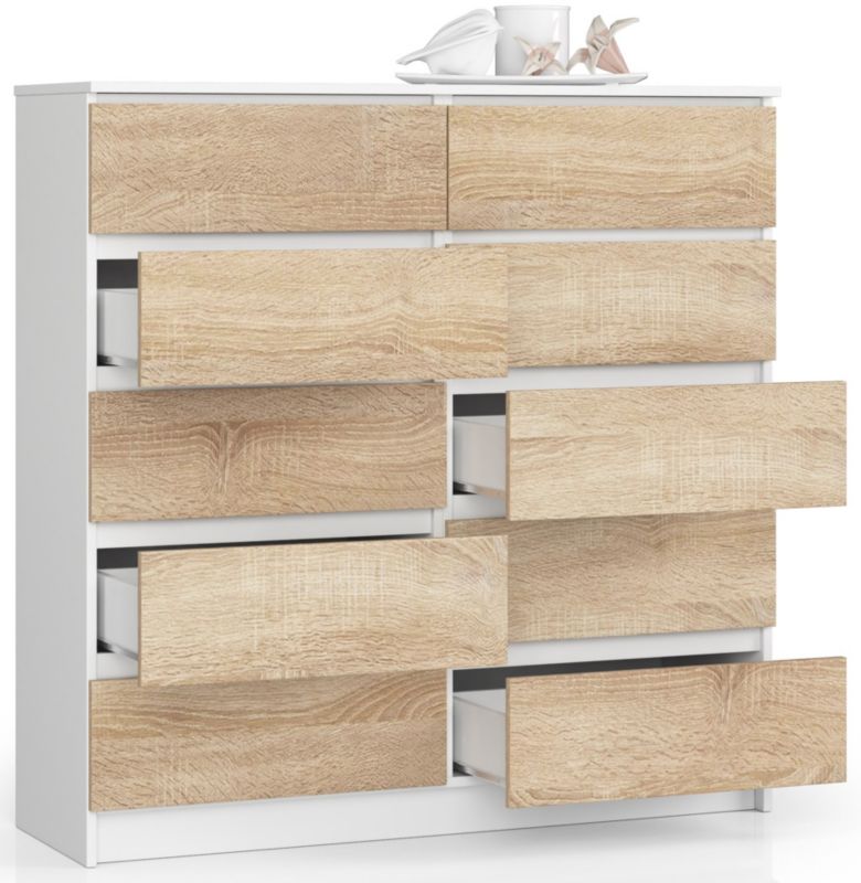 Akord K120 kommode hvid 120 cm med 10 skuffer, Sonoma egetræ mat, 120x40x121 cm, 1 stk.