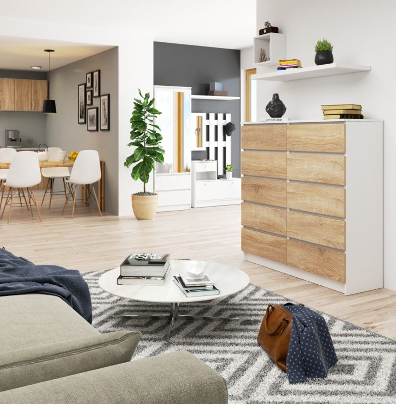 Akord K120 kommode hvid 120 cm med 10 skuffer, Sonoma egetræ mat, 120x40x121 cm, 1 stk.