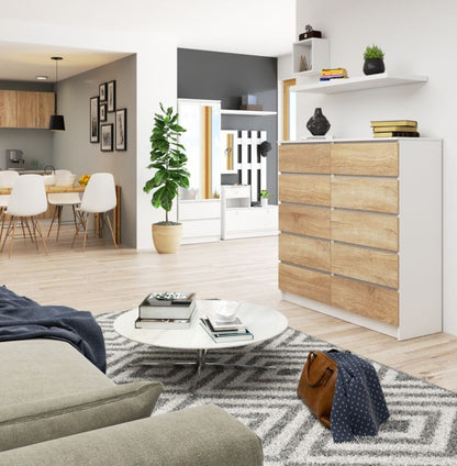 Akord K120 kommode hvid 120 cm med 10 skuffer, Sonoma egetræ mat, 120x40x121 cm, 1 stk.