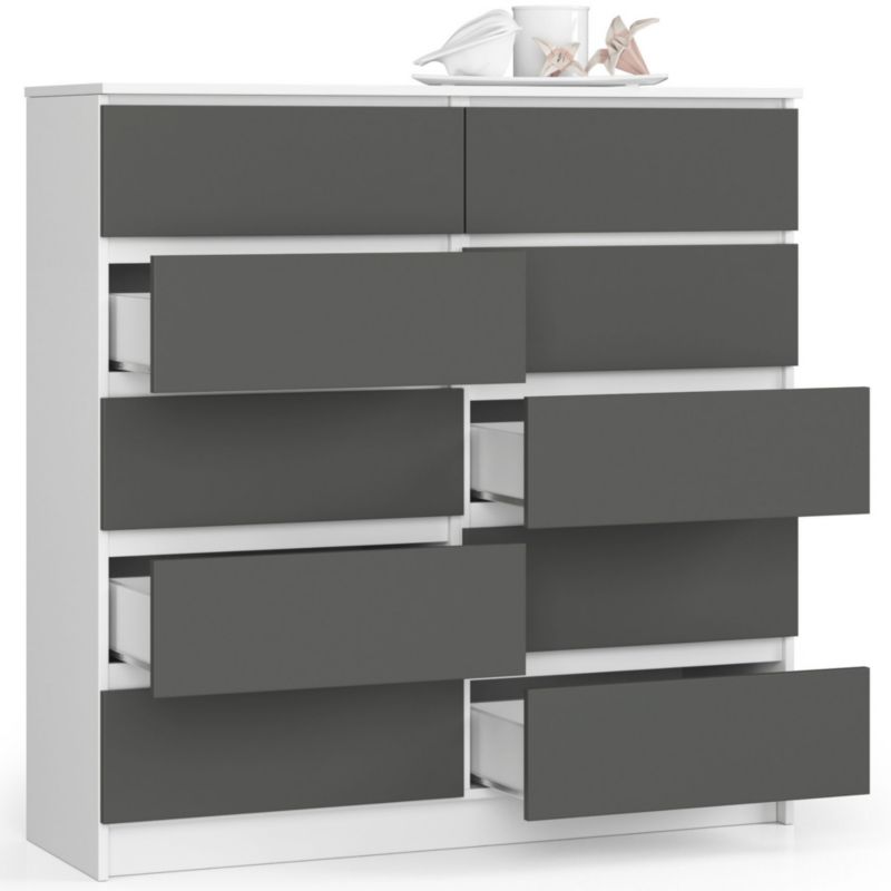 Akord K120 kommode hvid 120 cm med 10 skuffer grafitgrå mat 120x40x121 cm 1 stk.