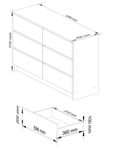 Kommode K120 120 cm Hvid Mat 6 Skuffer