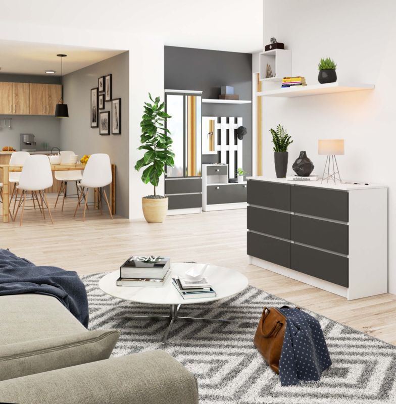 Akord K120 kommode hvid 120 cm med 6 skuffer, grafitgrå mat, 120x40x77 cm, 1 stk.