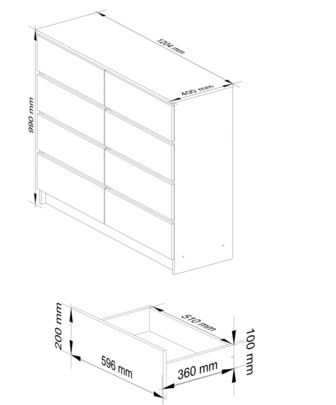 Kommode K120 120 cm Hvid Mat 8 Skuffer 120x40x99 cm