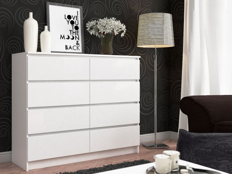 Kommode K120 120 cm Hvid Mat 8 Skuffer 120x40x99 cm