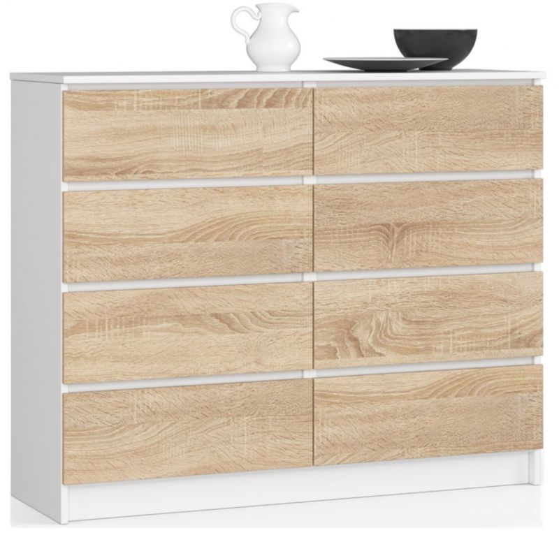 Akord K120 kommode hvid 120 cm 8 skuffer, Sonoma eg mat 120x40x99 cm, 1 stk.