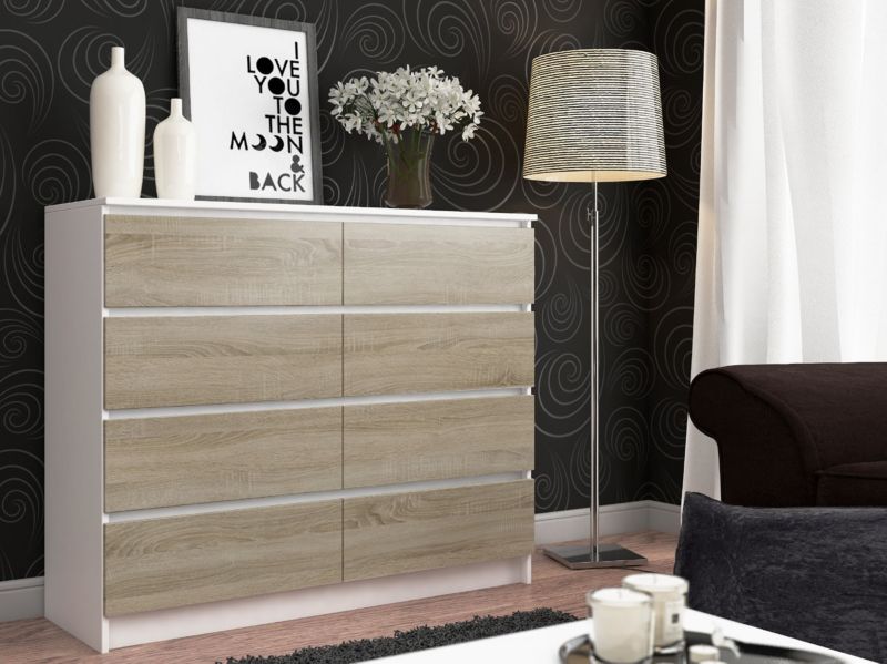 Akord K120 kommode hvid 120 cm 8 skuffer, Sonoma eg mat 120x40x99 cm, 1 stk.