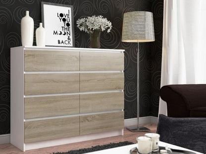 Akord K120 kommode hvid 120 cm 8 skuffer, Sonoma eg mat 120x40x99 cm, 1 stk.