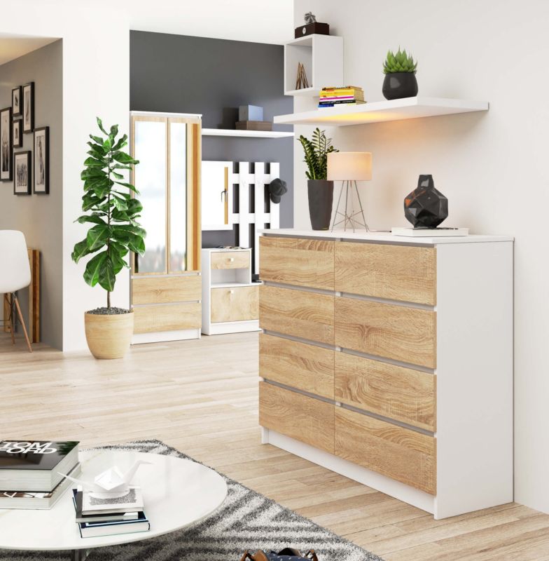 Akord K120 kommode hvid 120 cm 8 skuffer, Sonoma eg mat 120x40x99 cm, 1 stk.
