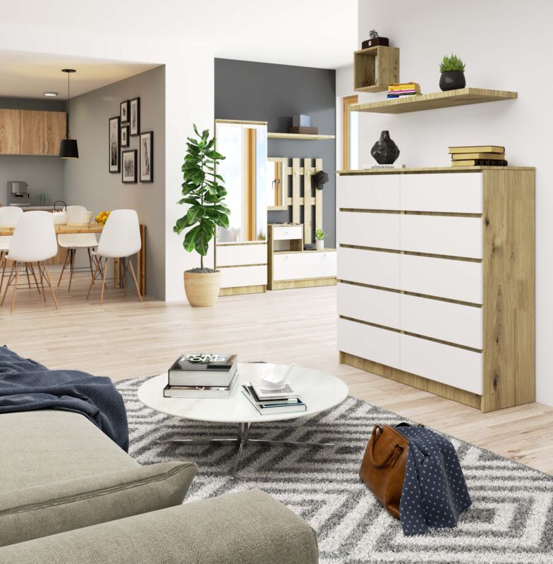 Akord K120 Kommode i Artisan Eg med 10 skuffer, hvid mat, 120x40x121 cm, 1 stk.