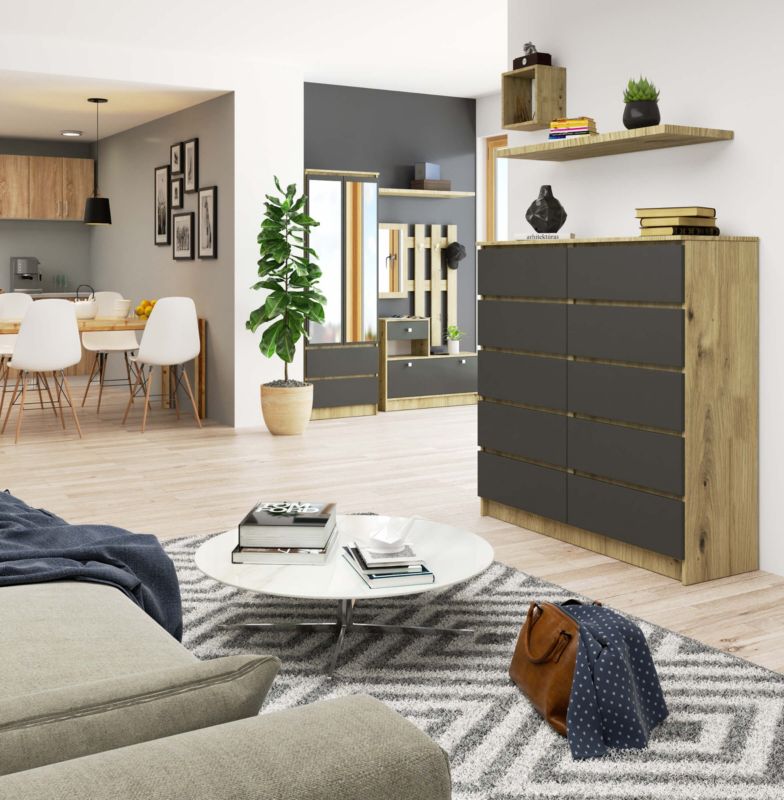 Akord K120 kommode i Artisan eg med 10 skuffer, grafitgrå mat, 120x40x121 cm, 1 stk.