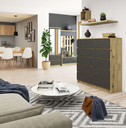 Akord K120 kommode i Artisan eg med 10 skuffer, grafitgrå mat, 120x40x121 cm, 1 stk.