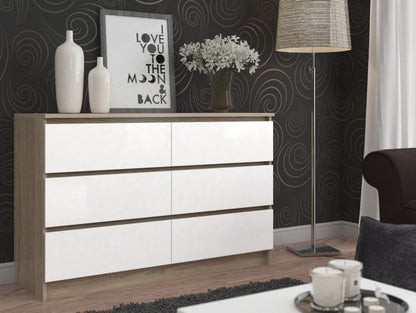 Akord K120 kommode i sonoma-eg med 6 skuffer, 120 cm, mat hvid, 120x40x77 cm, 1 stk.