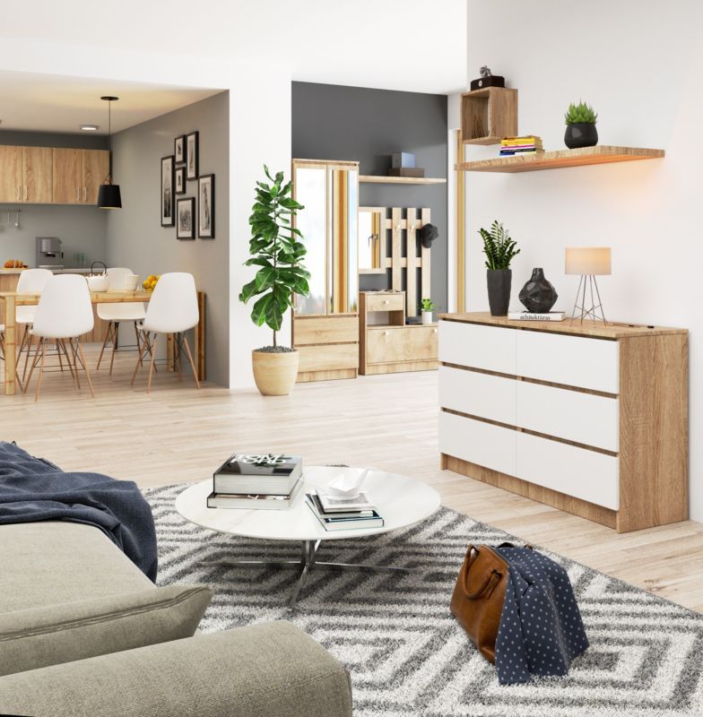 Akord K120 kommode i sonoma-eg med 6 skuffer, 120 cm, mat hvid, 120x40x77 cm, 1 stk.